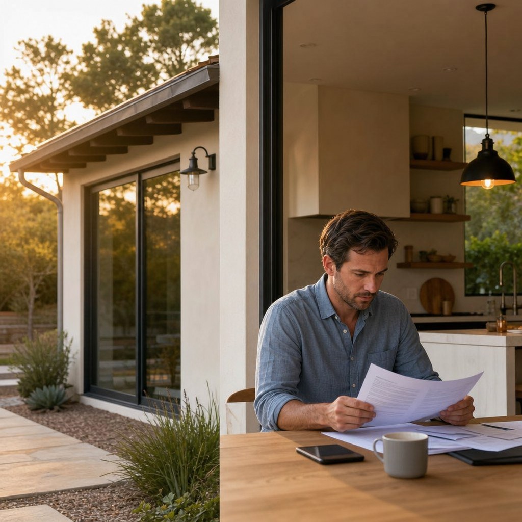 Homeowner reviewing mortgage documents at a kitchen table in a California home