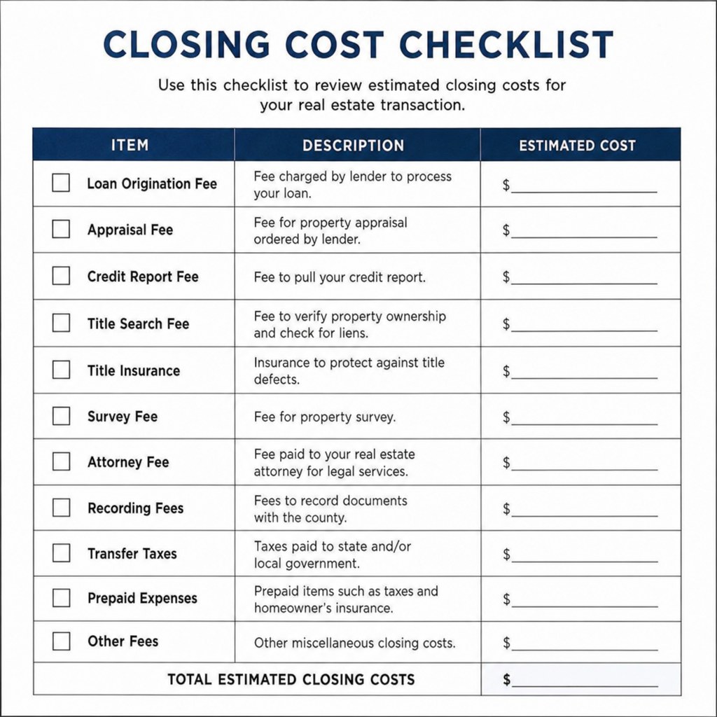 Closing cost checklist with attorney fee line item