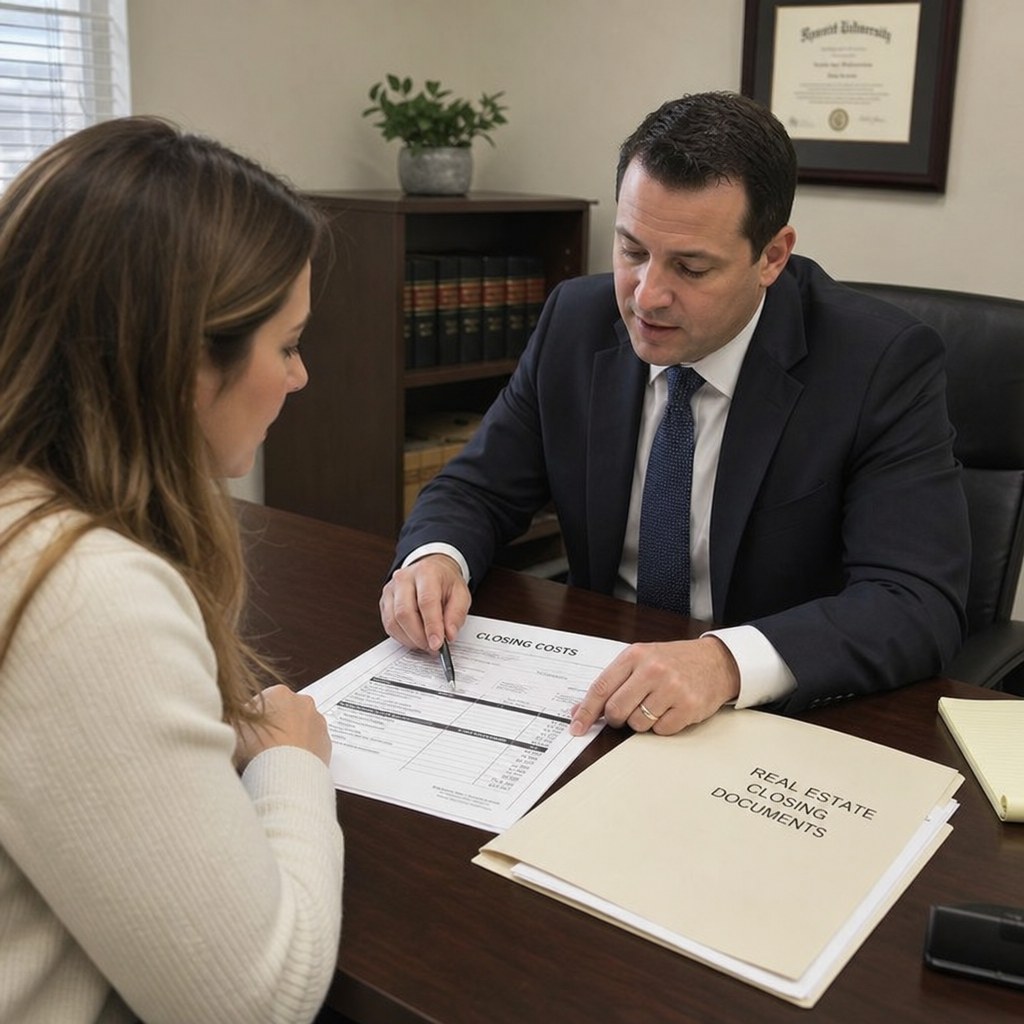 Buyer reviewing closing cost documents with a real estate attorney
