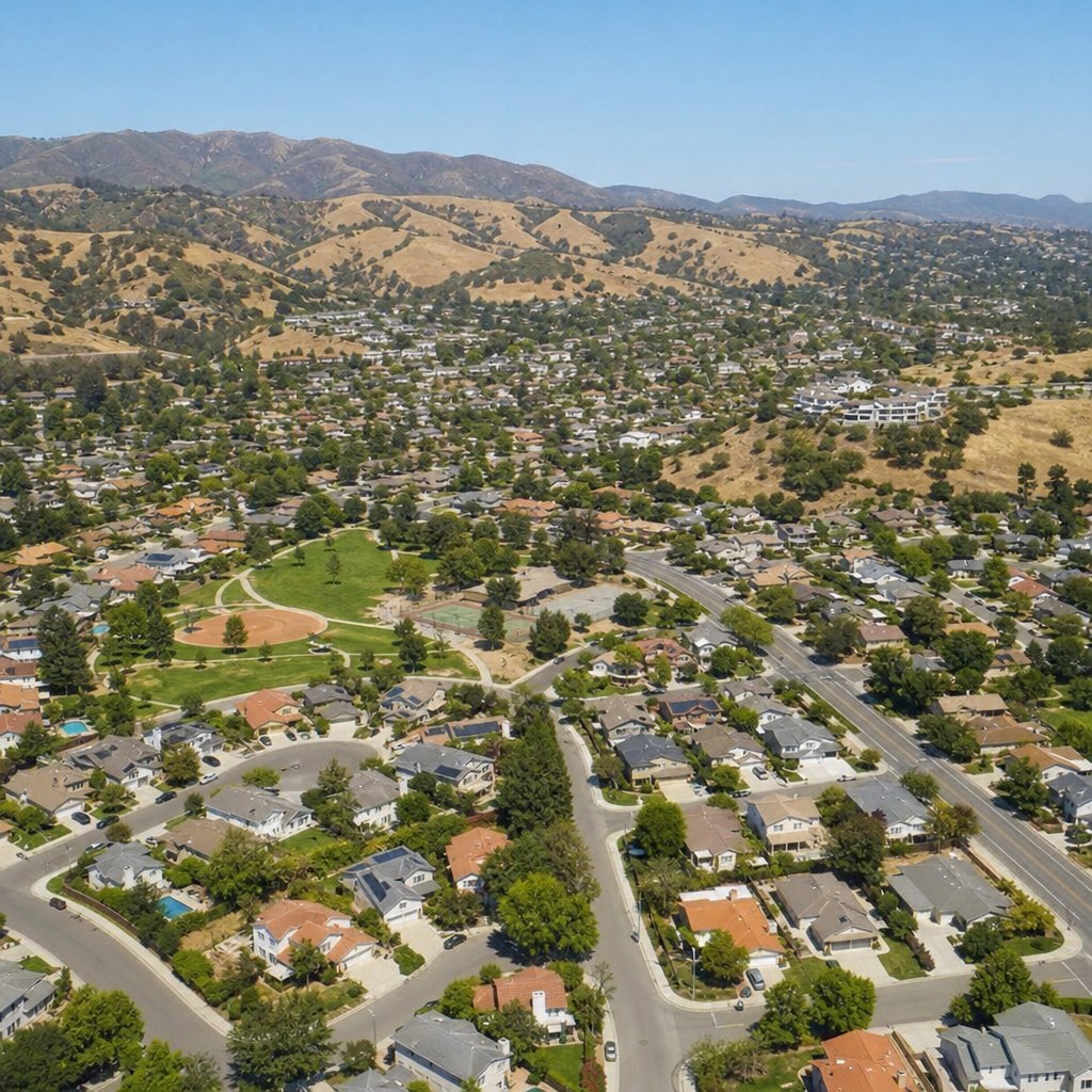 Aerial view of a sunny California neighborhood with homes, parks, and hills