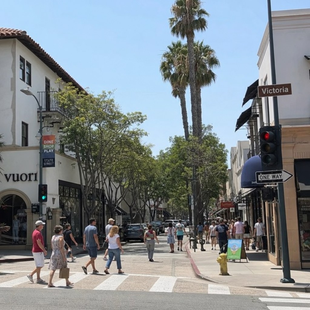 Walkable California downtown with shops, trees, and people crossing the street