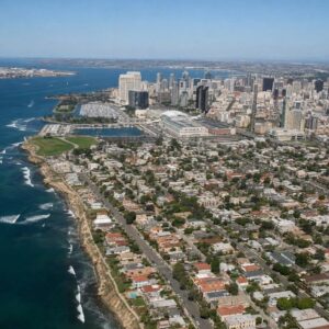 Aerial view of San Diego neighborhoods near the coast and downtown