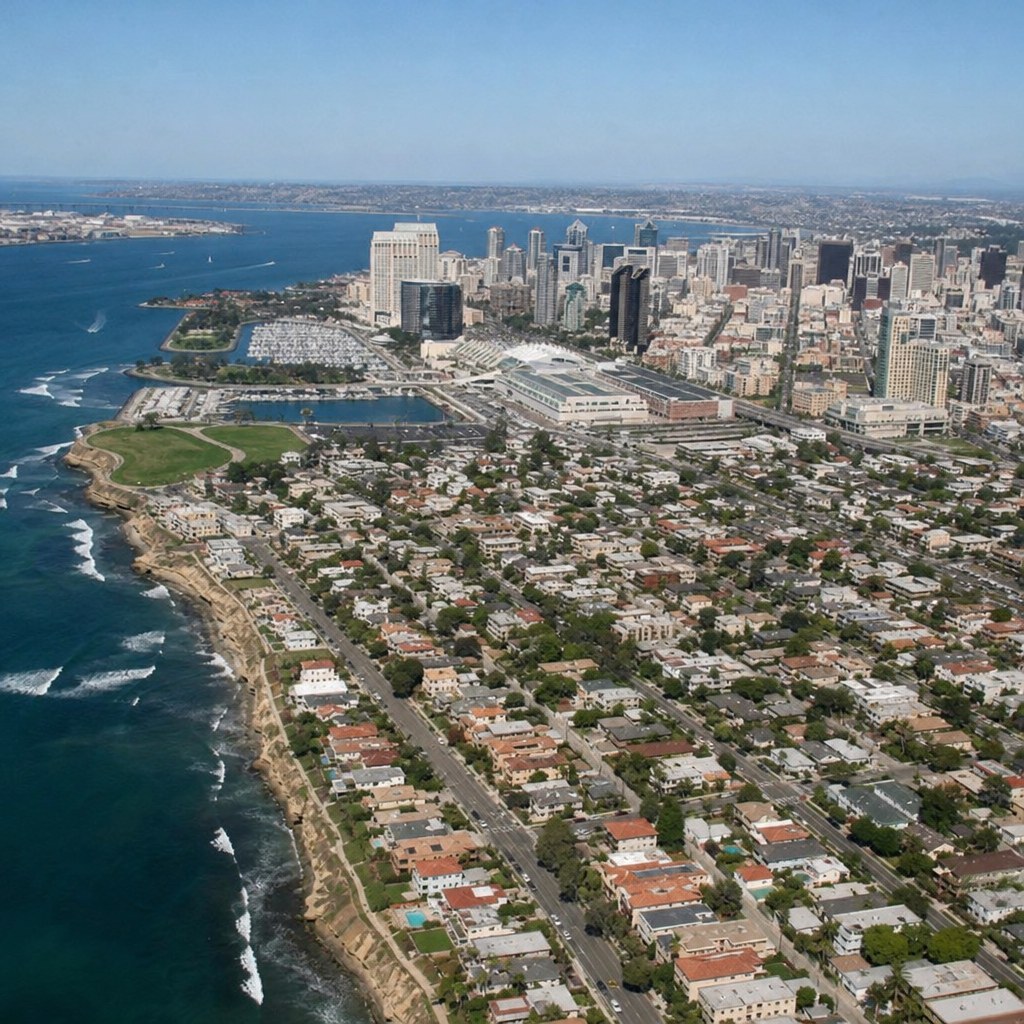 Aerial view of San Diego neighborhoods near the coast and downtown