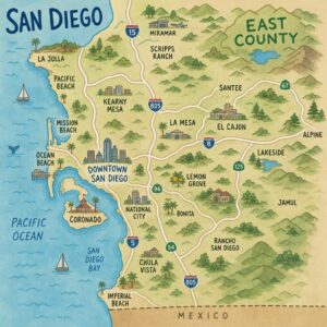 Map-style illustration of San Diego coastal, inland, East County and South Bay suburbs