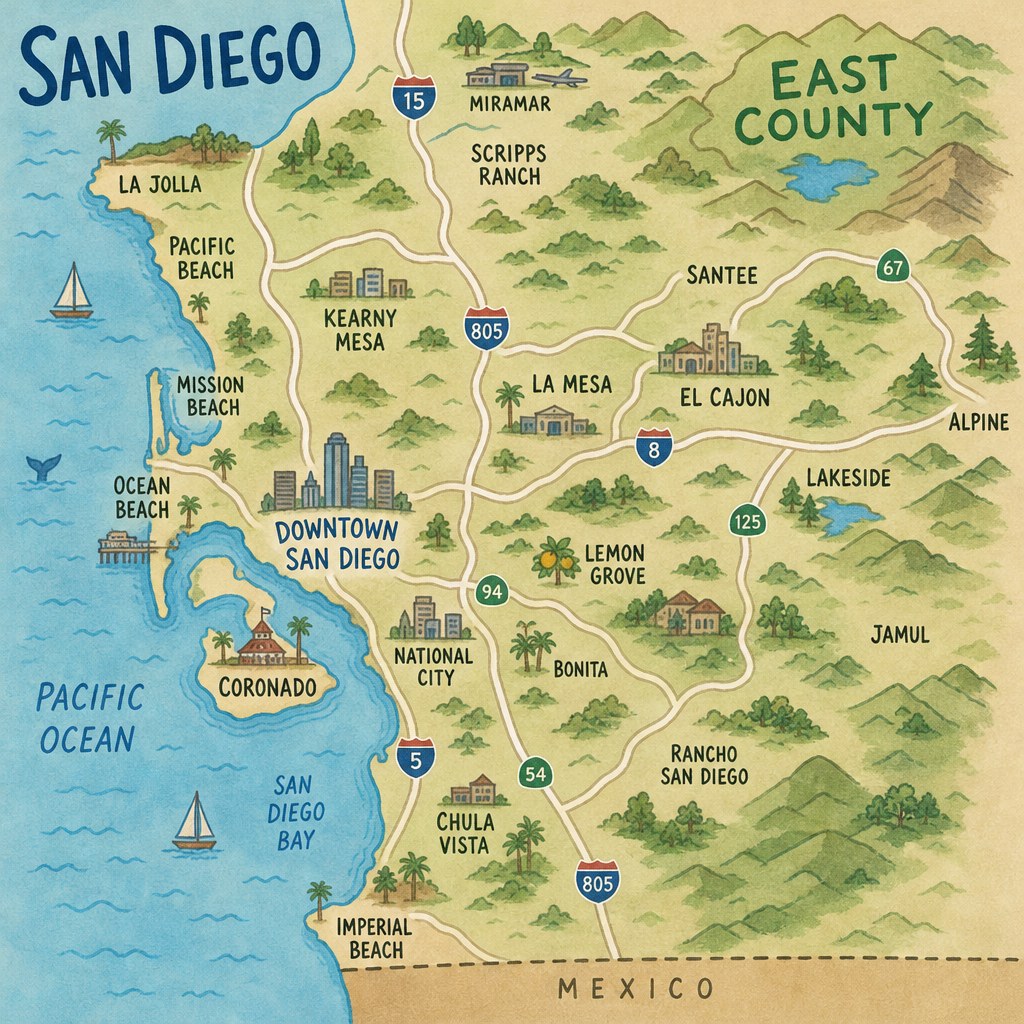 Map-style illustration of San Diego coastal, inland, East County and South Bay suburbs