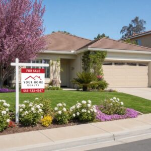 California home with spring curb appeal and for sale sign