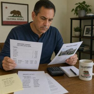 California taxpayer reviewing investment gains and real estate documents