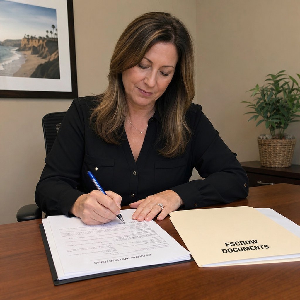 California seller signing escrow documents at a desk