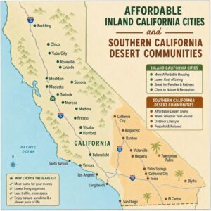 Map of affordable inland California cities and Southern California desert communities