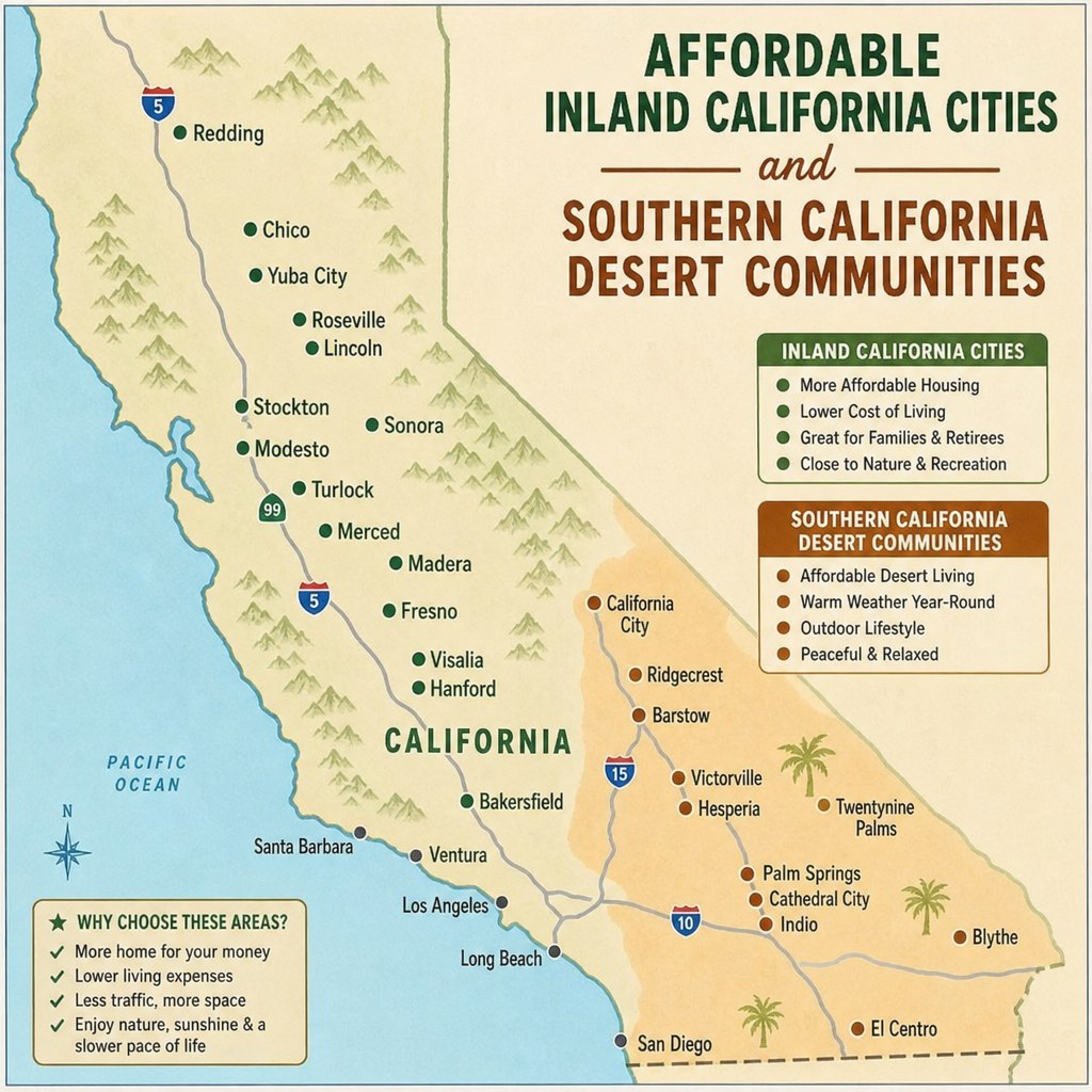 Map of affordable inland California cities and Southern California desert communities