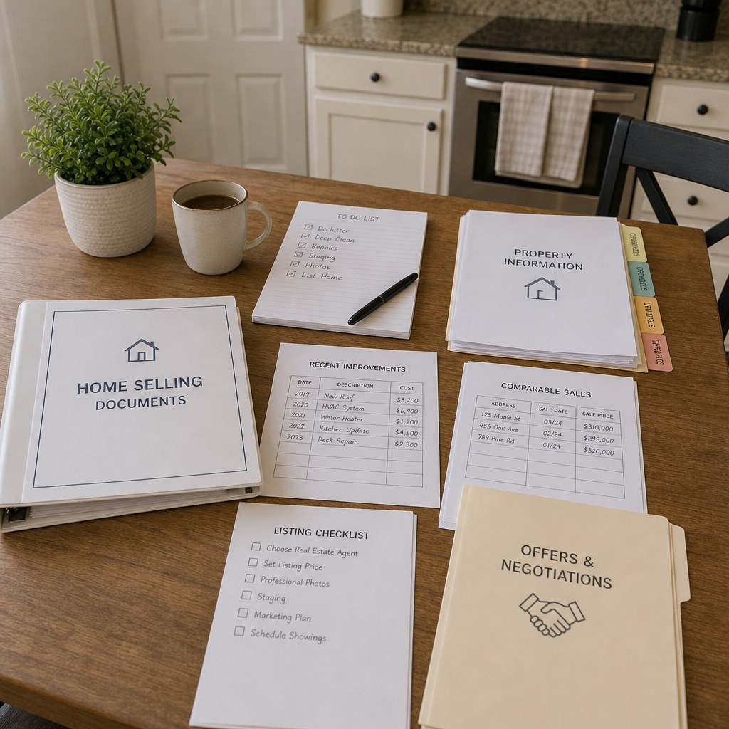 Organized home selling documents on a kitchen table