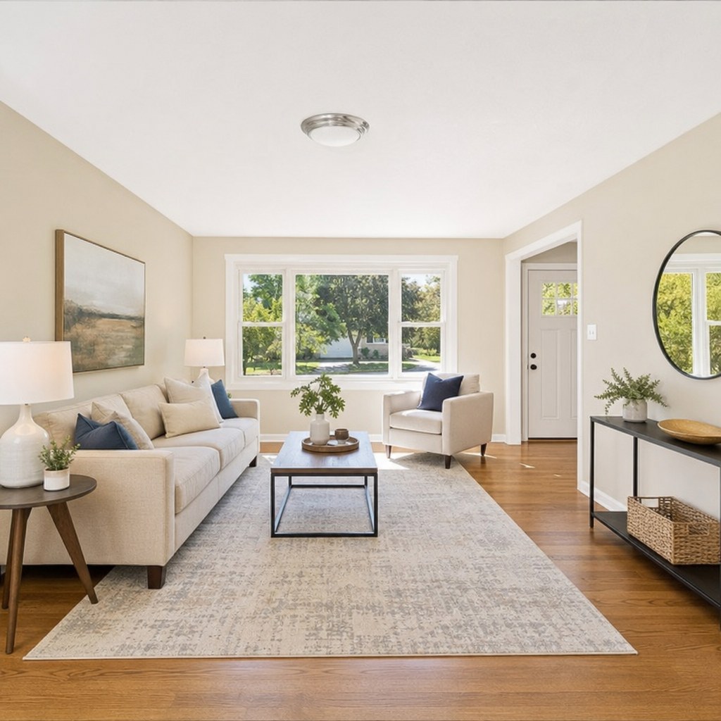Bright staged living room ready for real estate photos
