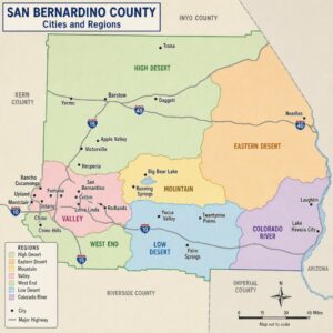 Map-style overview of San Bernardino County cities and regions