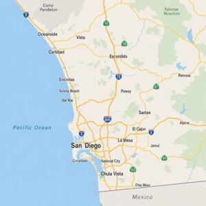Map-style view of cities around San Diego
