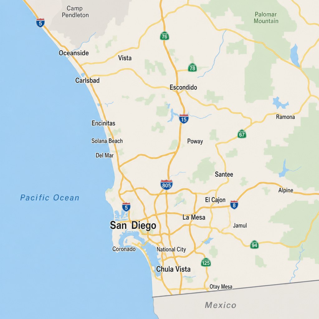 Map-style view of cities around San Diego