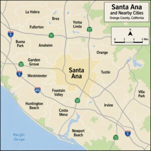 Map showing Santa Ana and nearby Orange County cities