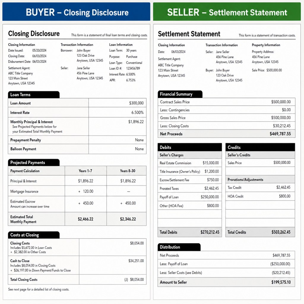 Side-by-side comparison of a buyer Closing Disclosure and a seller settlement statement