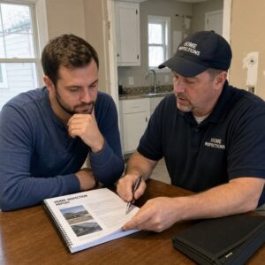 Buyer reviewing a home inspection report with an inspector