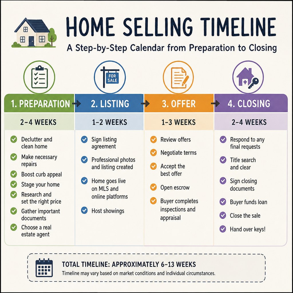 Home selling timeline calendar with preparation, listing, offer and closing milestones