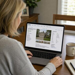 Home seller reviewing MLS listing details on a laptop