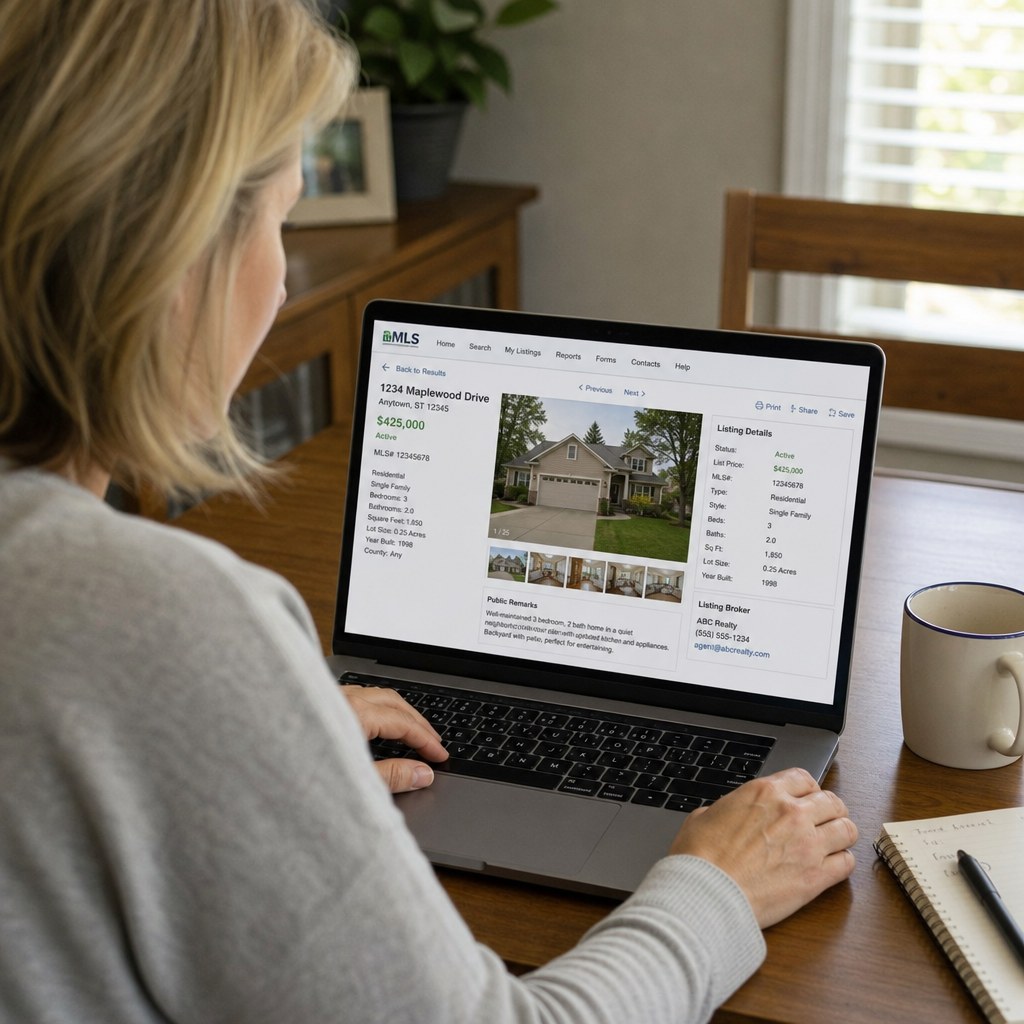 Home seller reviewing MLS listing details on a laptop