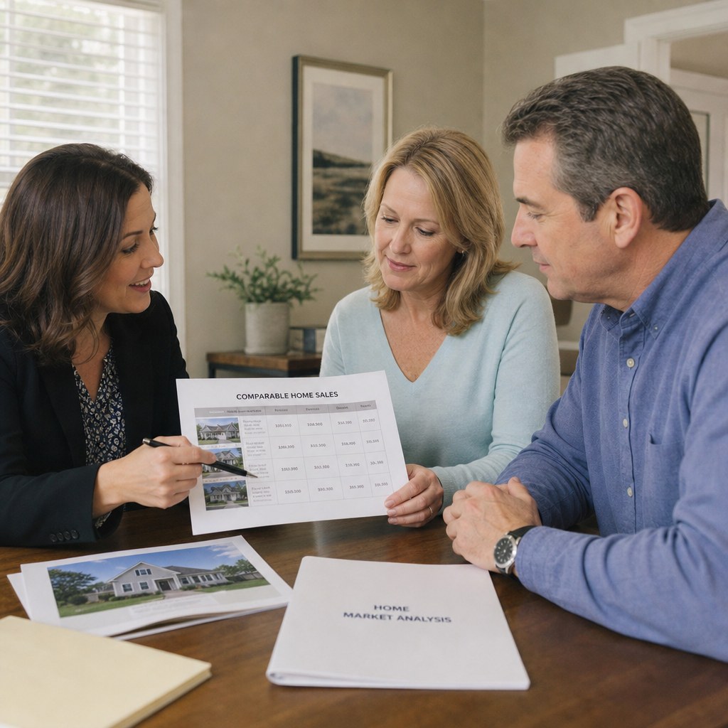 Real estate agent reviewing comparable home sales with sellers