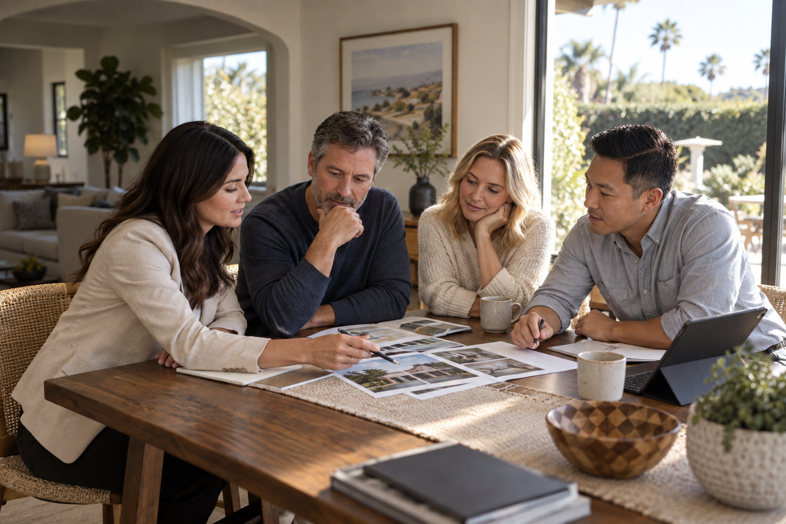 How To Sell My House: listing specialists and sellers reviewing a home selling plan
