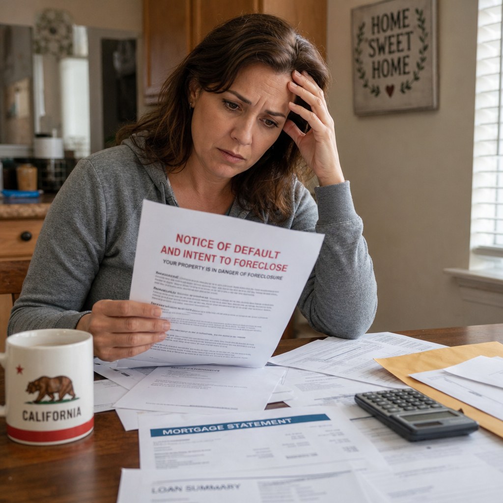 California homeowner reviewing a foreclosure notice and mortgage paperwork