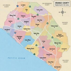 Map-style view of Orange County neighborhoods and city centers