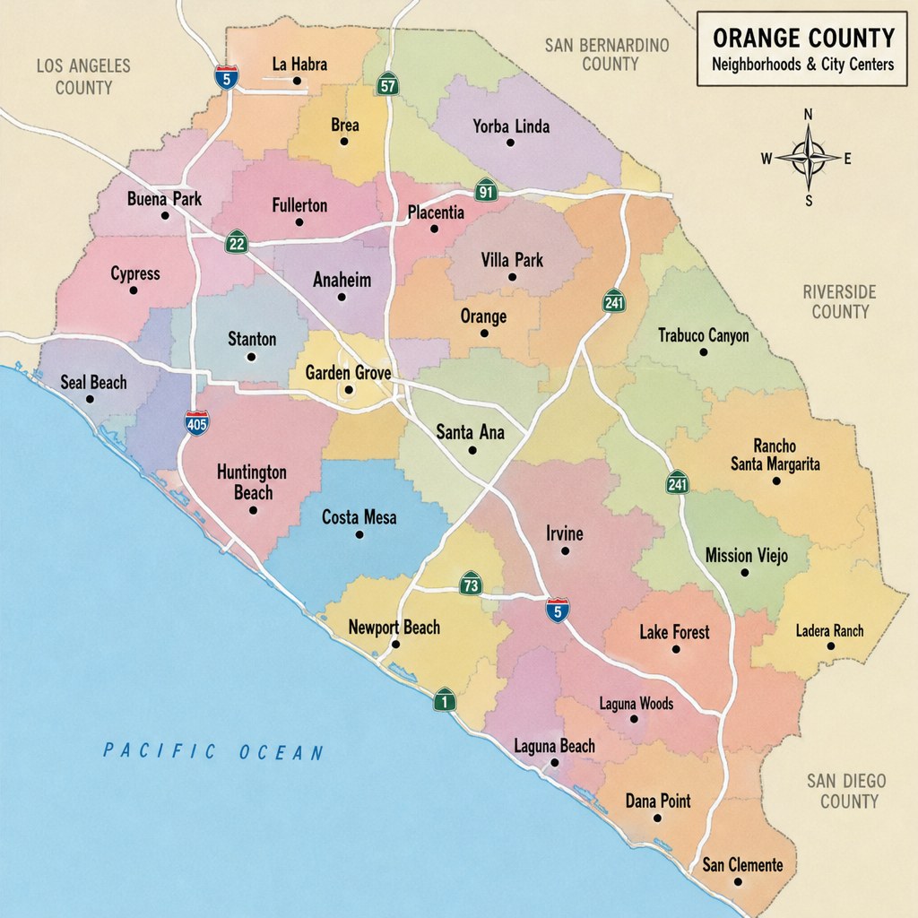 Map-style view of Orange County neighborhoods and city centers