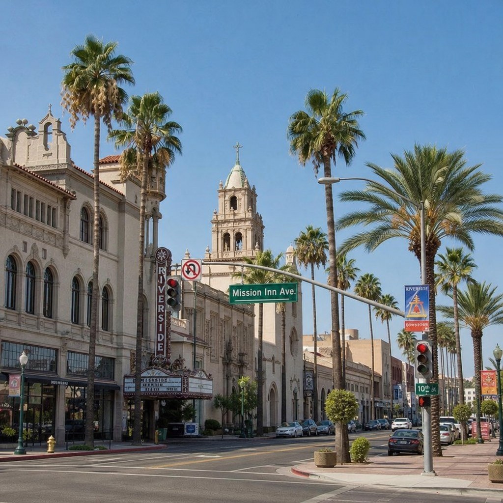 Downtown Riverside with historic architecture and palm trees
