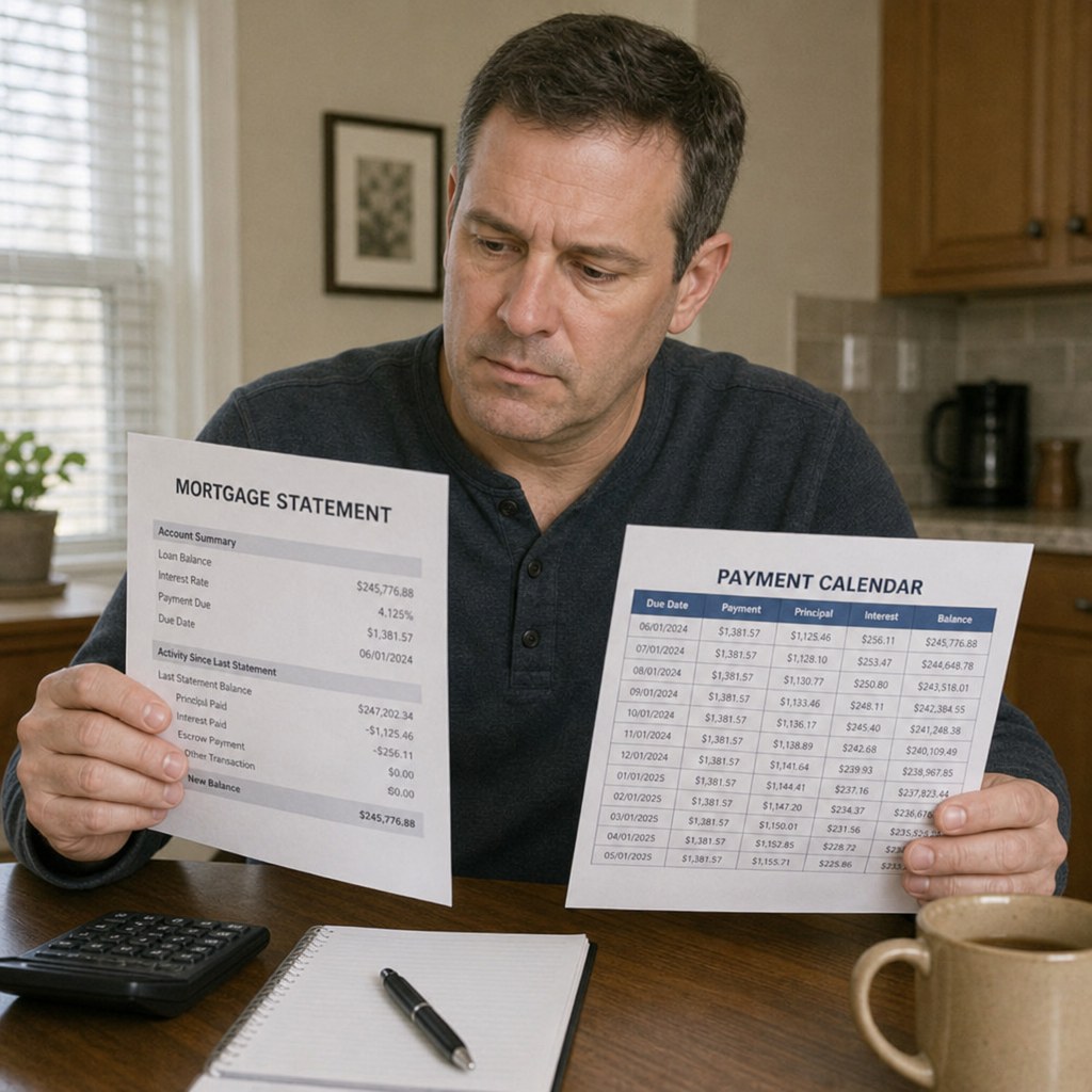 Homeowner reviewing a mortgage statement and payment calendar at a kitchen table