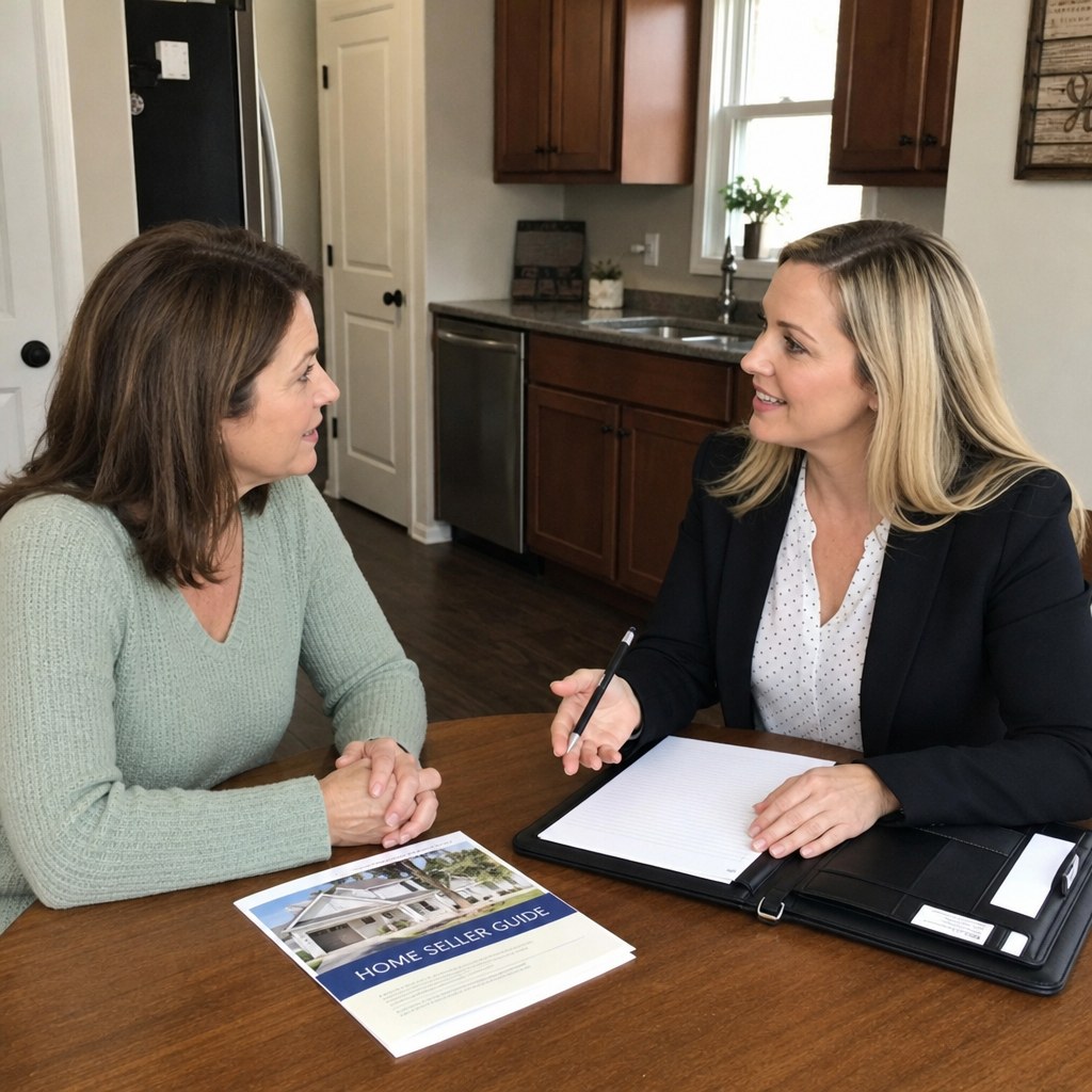 Home seller speaking with a real estate agent at a kitchen table