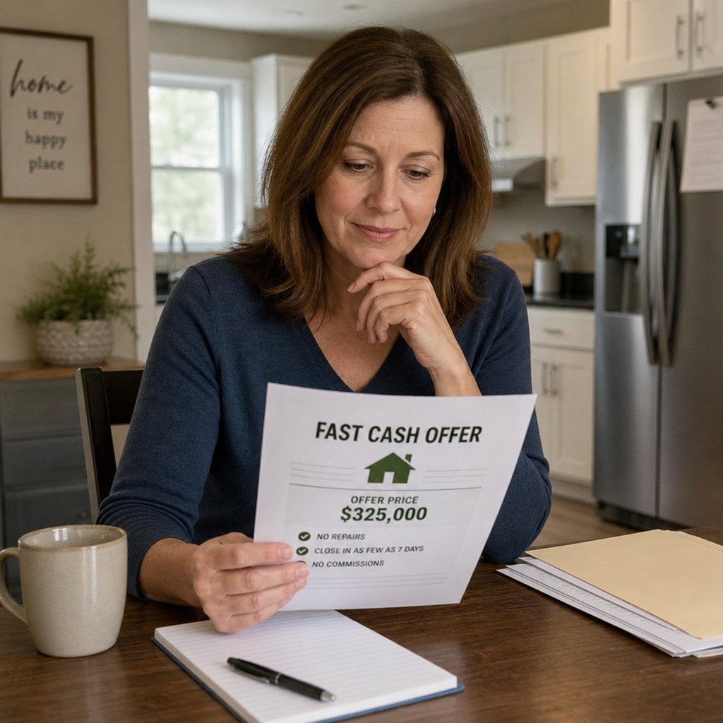 Home seller reviewing a fast cash offer at a kitchen table