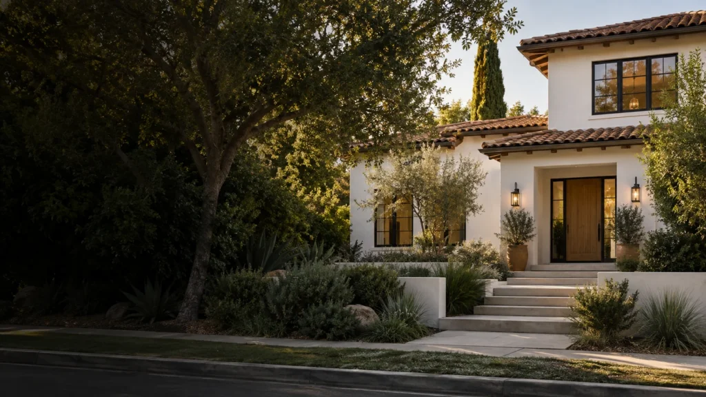 Realtor Coronado Ca: Southern California home with a tile roof and landscaped entry