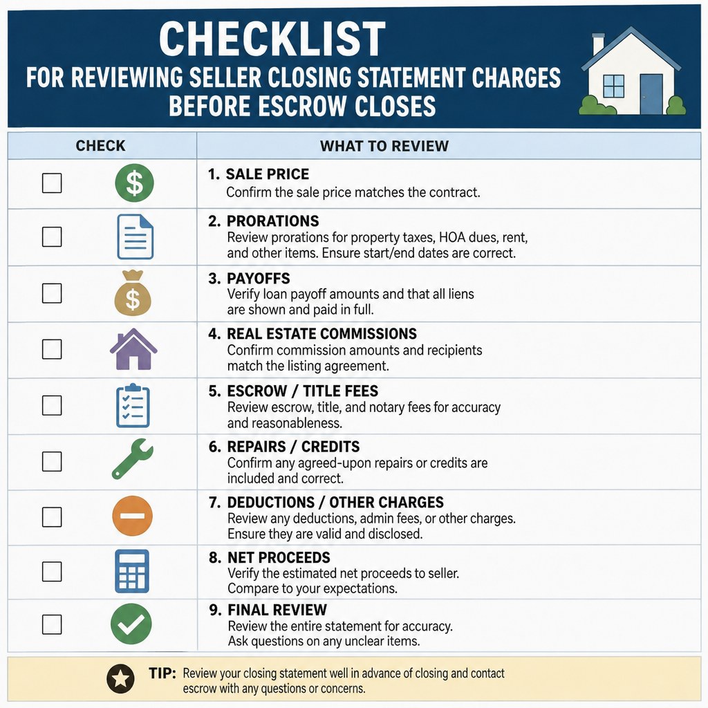 Checklist for reviewing seller closing statement charges before escrow closes