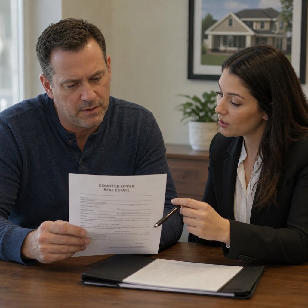 Seller reviewing a real estate counter offer with an agent