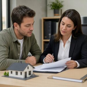 Homeowner and title officer reviewing property documents at a desk