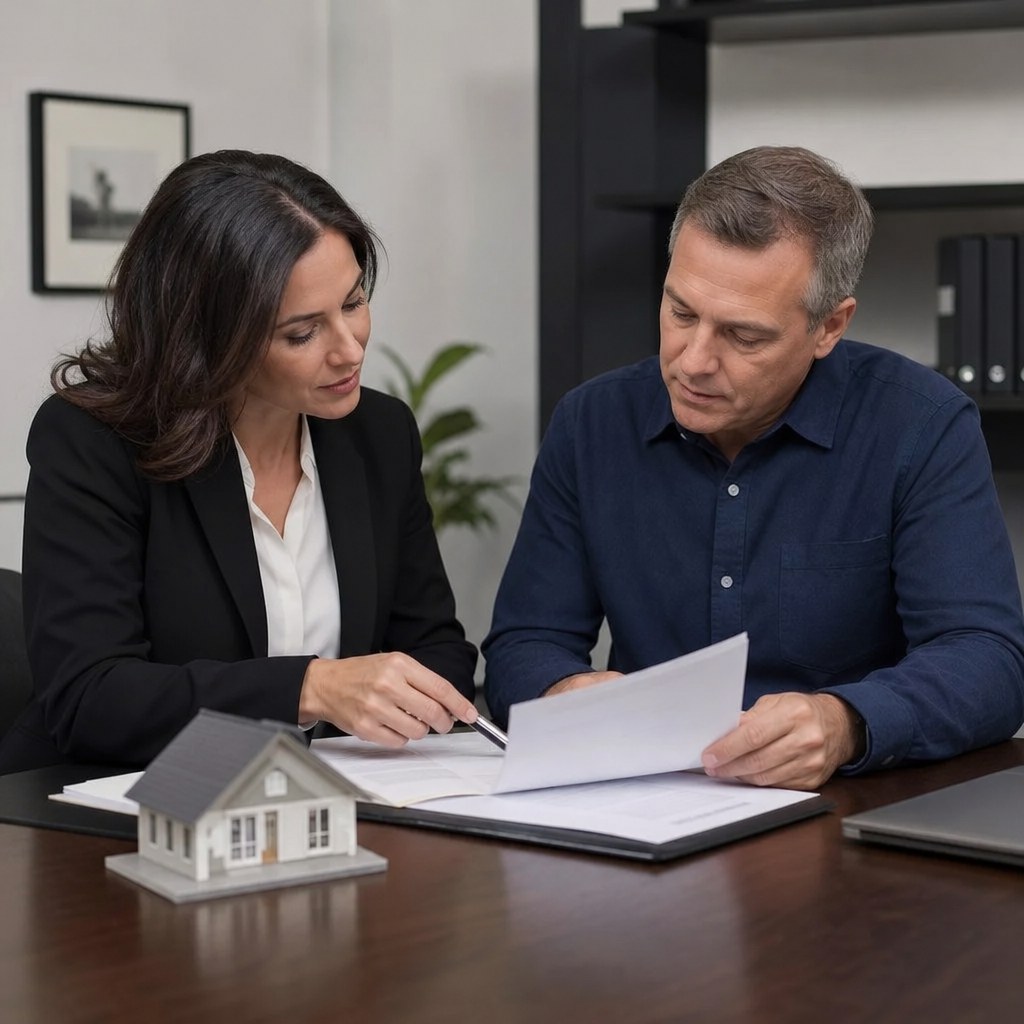 Homeowner and real estate professional reviewing legal documents with a small model house