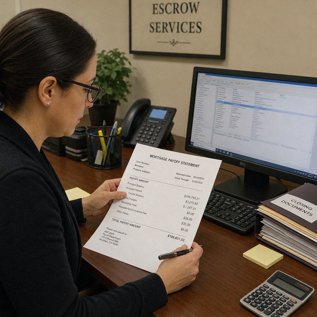 Escrow desk reviewing a mortgage payoff statement