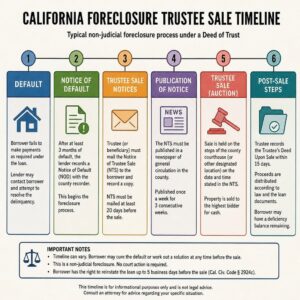 California foreclosure trustee sale timeline showing default, notices, auction, and post-sale steps