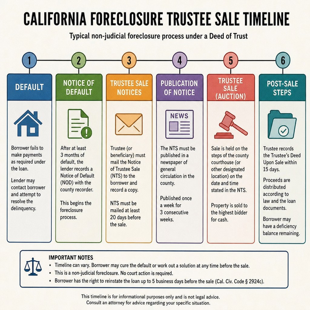 California foreclosure trustee sale timeline showing default, notices, auction, and post-sale steps