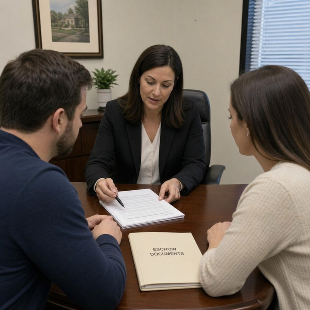 Escrow officer reviewing real estate documents with a buyer and seller
