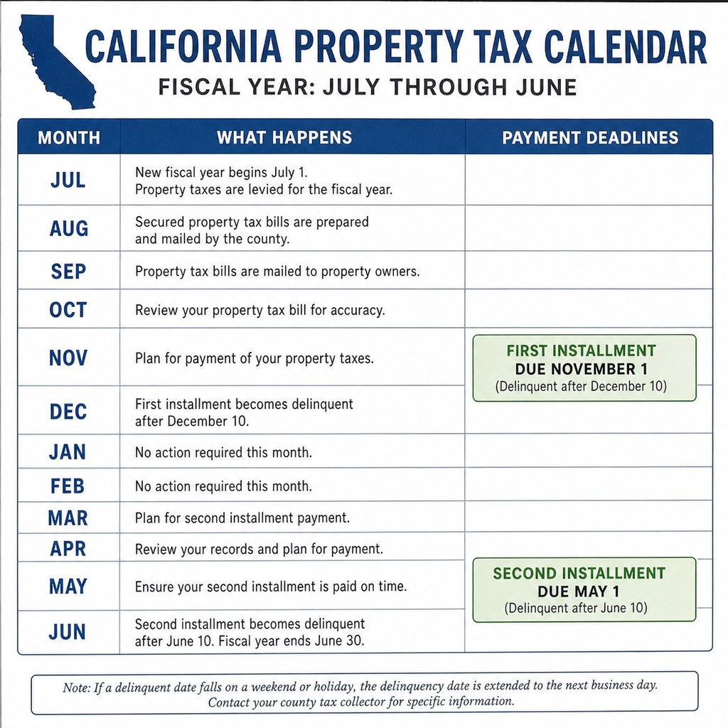 California property tax calendar showing the July to June fiscal year and two installment deadlines