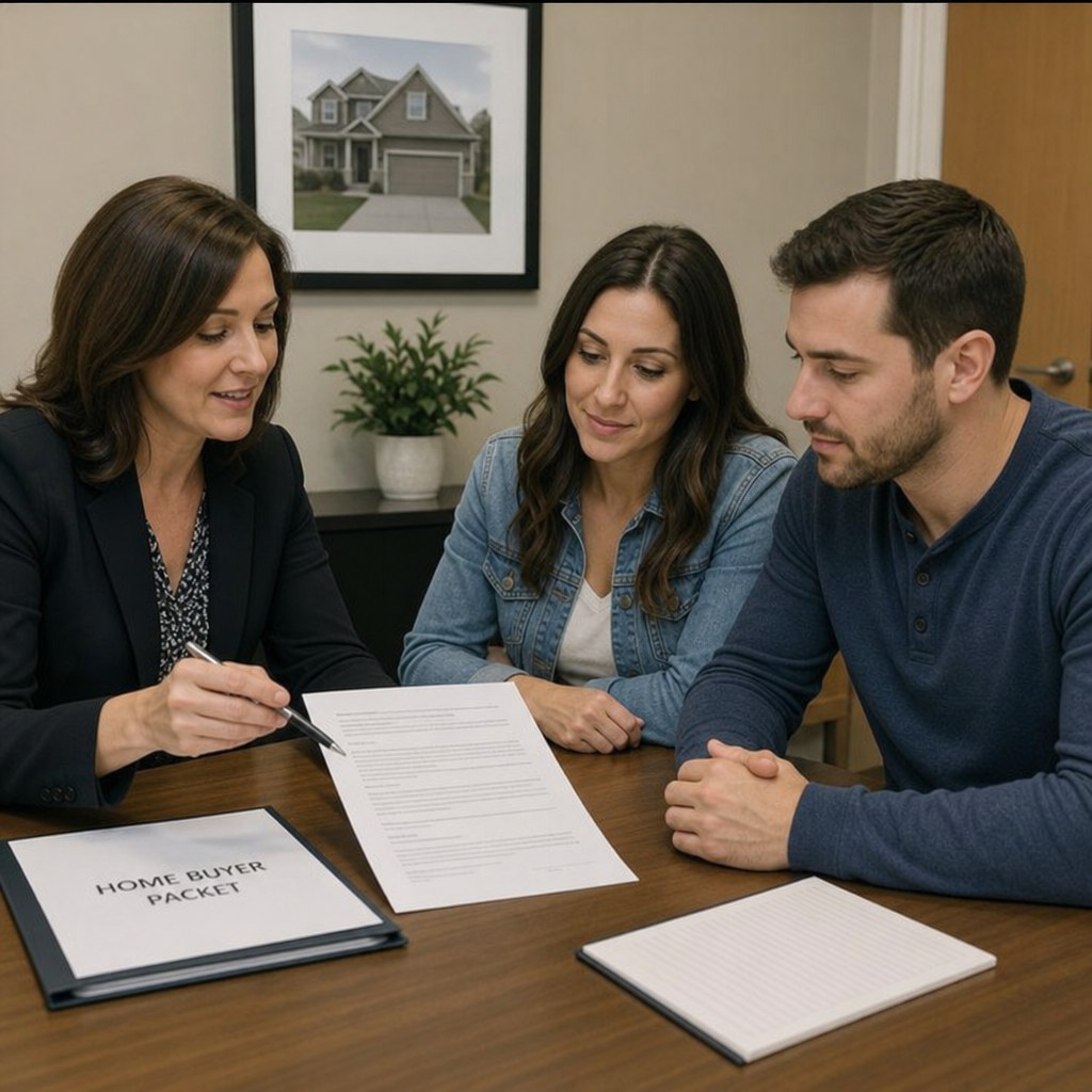 Realtor reviewing home documents with clients at a table